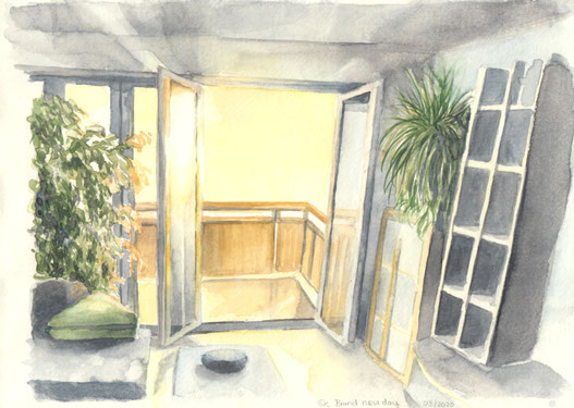 Aquarellstudie "Brand new day": Blick vom Wohnzimmer hinaus auf den Balkon bei geöffneten Flügeltüren, durch die warmes Sonnenlicht herein fällt