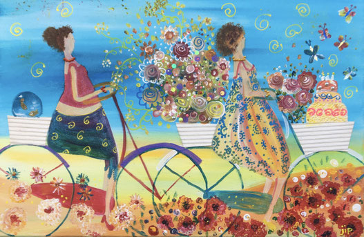 een vrolijk schilderij met 2 dames op de fiets