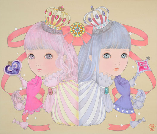 Twin girls - Hearts and Diamonds -(from playing cards) 絹・岩絵具・水干絵具 F10号