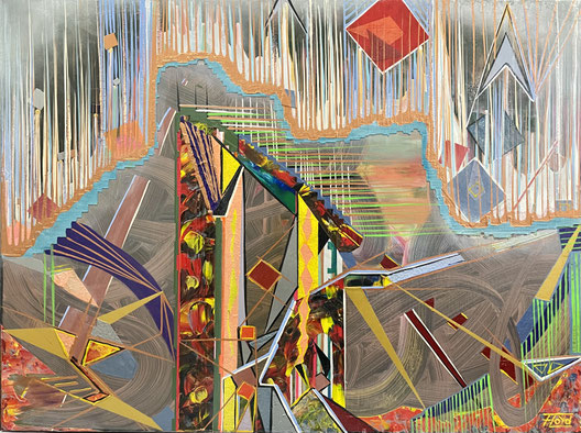 „AUTOPOIESIS“ – abstraktes Gemälde von Andreas Alka alias „FLoYd“, komplexe Bildstruktur mit vertikalen Linien, Farbachsen und geometrischen Elementen. Thema: Selbsterschaffung und Selbstorganisation eines Systems in künstlerischer Form.