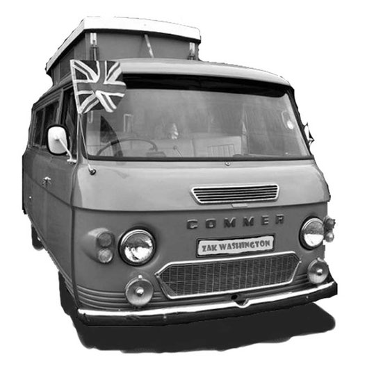 Vintage Commer camper van with union jack flag.