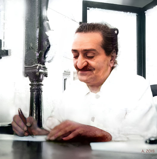 1955 : Meher Baba signing loose pages that are to be inserted the 498 copies of the God Speaks book. Image rendition by Anthony Zois.