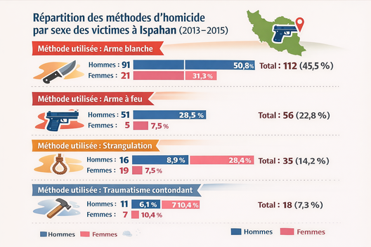 Répartition des méthodes d'homicide par sexe des victimes à Ispahan (2013-2015)