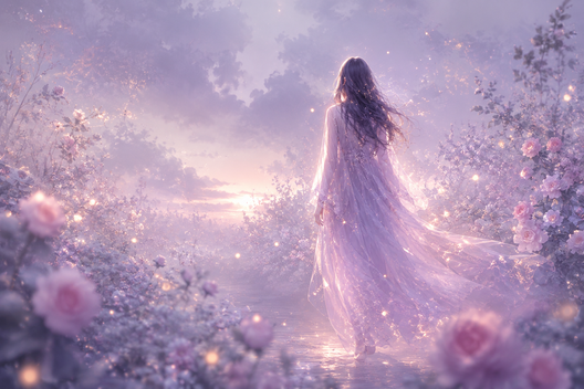薄明の花園を歩く人物画のAIアート