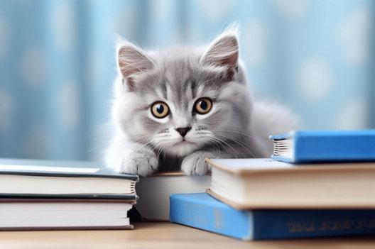 デスクに散乱した本と子猫。
