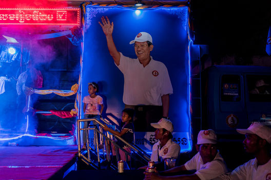 A poster of Prime Minister Hun Sen of Cambodia at a campaign event in the capital, Phnom Penh, on Friday. (Credit: Adam Dean for The New York Times)