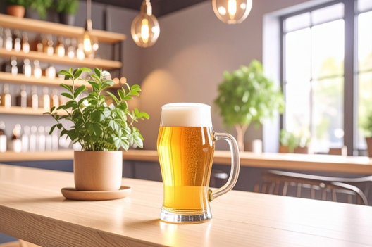 おしゃれなカフェバー。グリーンの鉢植が飾られたテーブルに生ビールのジョッキ。