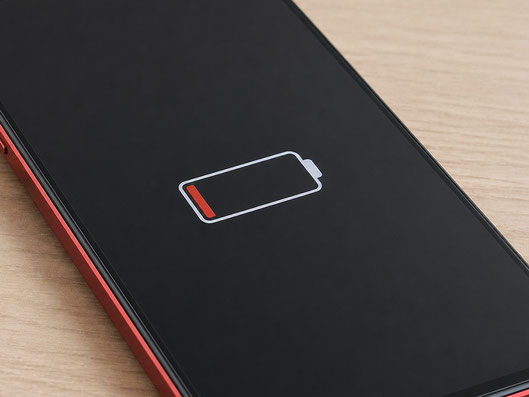 木目のテーブルに置かれたAndroidスマートフォンの画面に、赤い残量表示のバッテリーアイコンが表示されている様子。バッテリーの減りや充電トラブルをイメージしやすい写真。