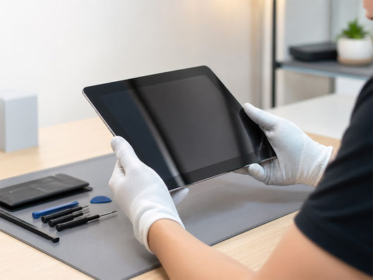 修理店の作業スペースで、スタッフがタブレット端末を両手で持ち、画面や本体の状態を確認している様子。画面割れやバッテリー劣化、不具合の点検をイメージしやすい写真。