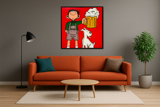 Hell gestaltetes Wohnzimmer mit dem Pop-Art Gemälde SAUHUND von Divo Santino über einem Sofa. Ein humorvoller Blickfang, der bayerische Tradition modern interpretiert.