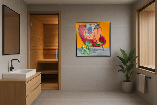 Exklusiver Spa-Bereich mit Sauna und dem Werk GREEN HOT DOG. Die Kunst von Divo Santino unterstreicht das luxuriöse und individuelle Interior-Design im Wellness-Bereich.