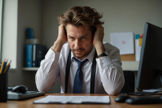Homme au bureau en situation de stress illustrant le burn out professionnel – accompagnement thérapeutique EFT et psychogénéalogie à Chavagnes-en-Paillers, Vendée.