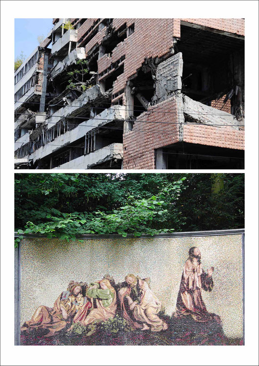 Former Ministry of defense in Belgrade. Left with the scars of war the ruin is preserved as a memorial | Mosaic Gravestone, Melaten Cemetery in Cologne
