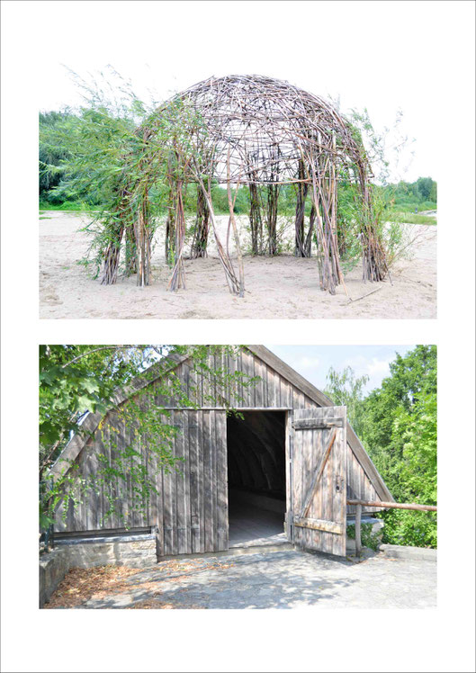 Summer hut made of willow branches on the bank of Vistula river in Warsaw |  Barn on the site of Museum Rüdersdorf, close to Berlin