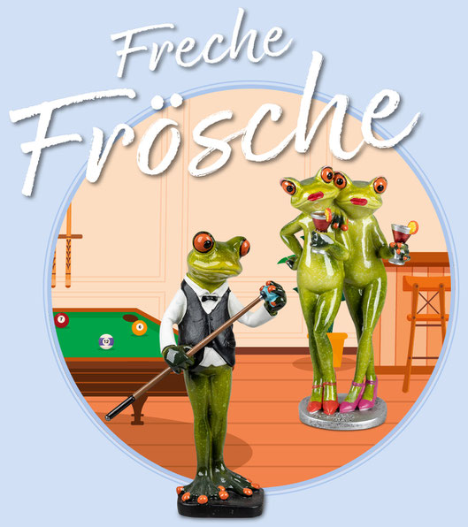 Froschfigur stehend: Billardspieler mit Billard-Queue im Hintergrund 2 weibliche Frösche mit Cocktailgläsern in der Hand