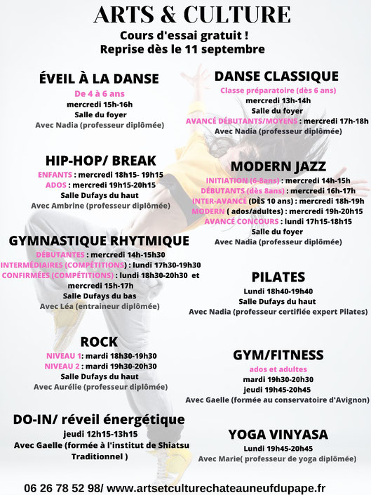Ass arts & culture. Châteauneuf du pape. DANSE. pilates. yoga. hip hop. break danse