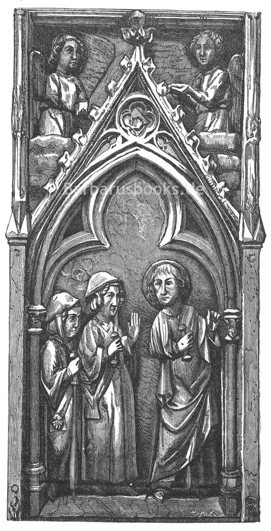 Abb. 289. – Die Pilger von Emmaus. – Pilgerkleidung in der zweiten Hälfte des 13. Jahrhunderts. – Teil des berühmten Altarbildes von Mareuil-en-Brie, vollständig wiedergegeben im Artikel „Liturgie und Zeremonien“.