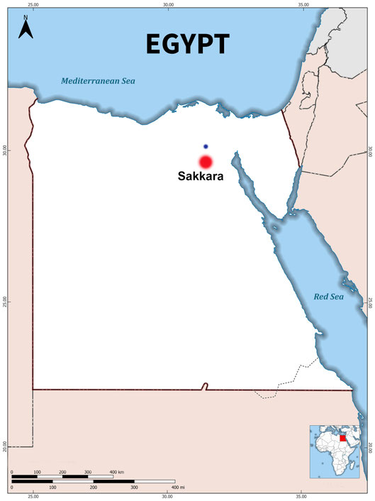 Blue mark above Sakkara is Cairo's location.