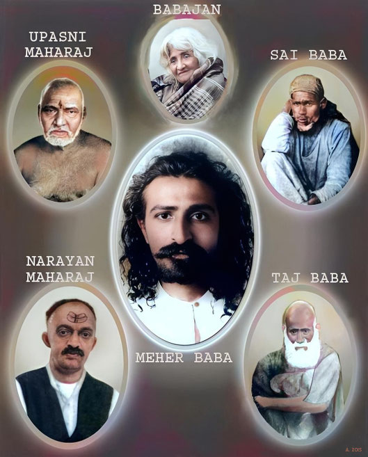 A collage of Meher Baba & the 5 Perfect Masters he met during his Awakening,