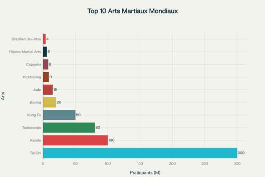 Graphique des top 10 des arts martiaux les plus pratiqués mondialement en millions de pratiquants