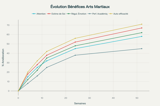 Évolution temporelle des bénéfices de la pratique des arts martiaux sur 12 mois