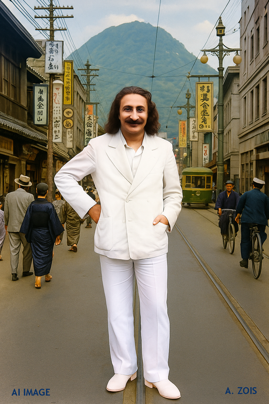 This is a AI produced image depicting Meher Baba in Kobe, Japan, based on Baba's photo taken in Nanking, China in 1932. Image produced by Anthony Zois.