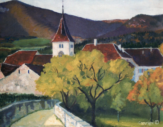 Erwin Bowien (1899-1972): One of the first major paintings by Erwin Bowien, View of the village of Rochefort in Switzerland, 1916, Ansicht des Dorfes Rochefort in der Schweiz, 1916