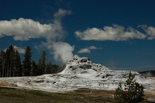 Rock formations of geysers in the Upper Geyser Basin, Yellowstone, eruption times