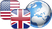 Drei Buttons sind versetzt übereinander: die amerikanische Flagge, die britische Flagge und eine blaue Erdkugel mit silbernen Landflächen.