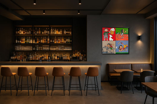 rstes Bar-Projekt mit dem Werk SPORTSBAR. Das 100x100 cm Unikat von Divo Santino fängt die Energie der Live-Übertragungen perfekt ein.
