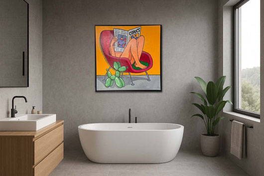 Ein modernes, helles Badezimmer mit dem Kunstwerk GREEN HOT DOG an der Wand. Die Pop-Art von Divo Santino bringt Farbe und Humor in die Wellness-Oase.