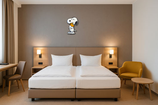 Exklusives Hotelzimmer-Interieur mit der Pop-Art Skulptur DU & ICH, wandhängendes Holz-Kunstwerk über dem Nachttisch