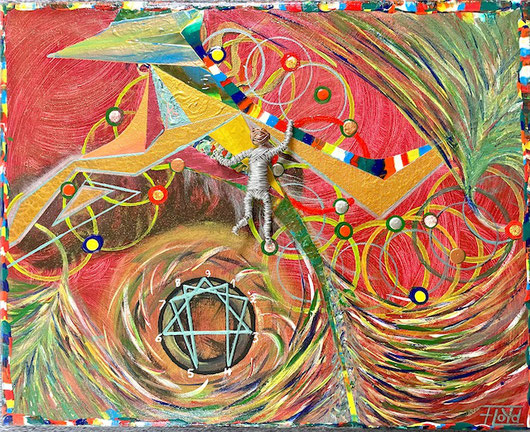 Farbintensive Kunstinstallation mit dem Enneagramm-Symbol und einer Figur im Zentrum, die sich kämpfend nach oben bewegt – Symbol für persönliche Entwicklung und Bewusstwerdung. Titel: „ENNEAGRAMM“, Künstler: Andreas Alka alias „FLoYd“, 50 × 40 cm, 2019.