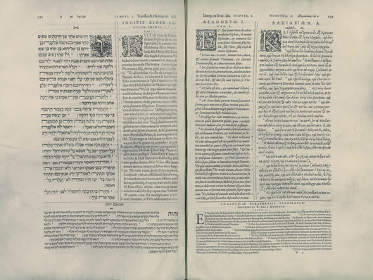 8 tomos impresos desde 1569-1573, los 4 primeros contienen el Antiguo Testamento, el V el NT, mientras que los 3 últimos versiones complementarias, diccionario y gramática.