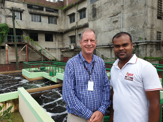 GFA expert Paul Weijeers (left) with Emdadul Haque, Assistant Manager (ETP) in front of the water treatment plant of Apex Footwear