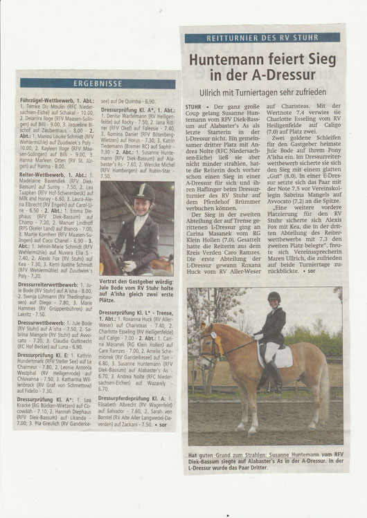 Dressurturnier, Artikel Kreiszeitung v. 28.04.2015