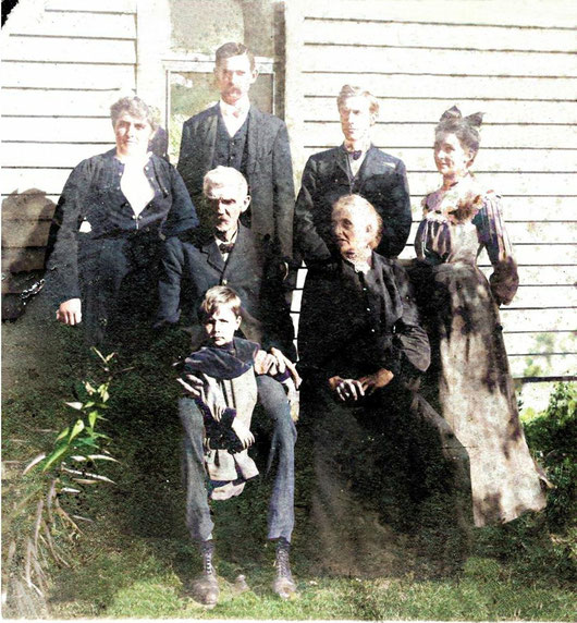 Siblings Emma, Albert, James A Richmond (3rd from left standing), and Belle with parents Martin and Mahalath Richmond, and nephew Ernie (Albert's son) c 1876
