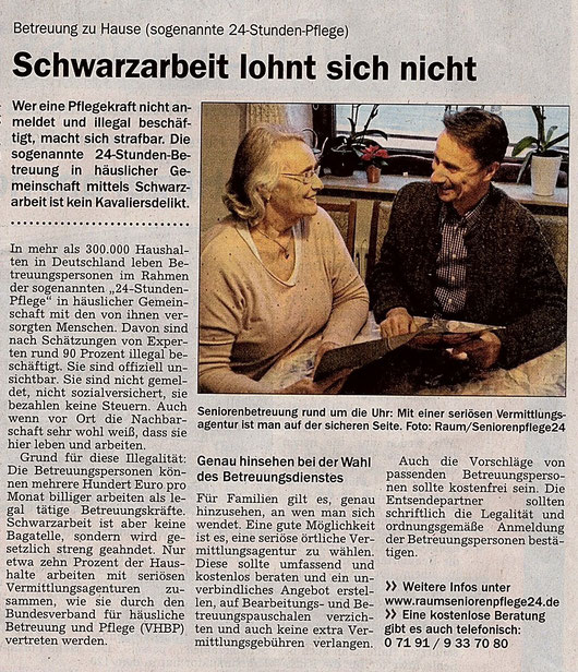 RAUM Seniorenpflege24 im Wochenblatt Backnang Rubrik Leben und Wohnen im Alter am 11. Mai 2023