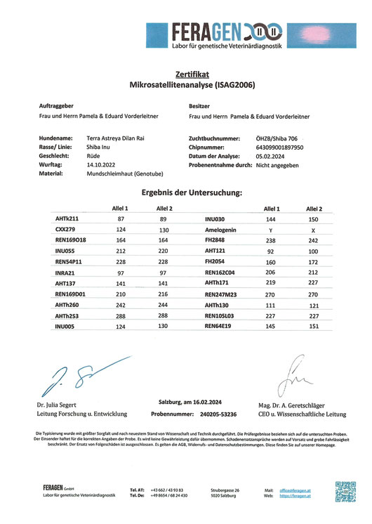 Mikrosatellitenanalyse, Feragen, Zuchttauglichkeitsuntersuchung