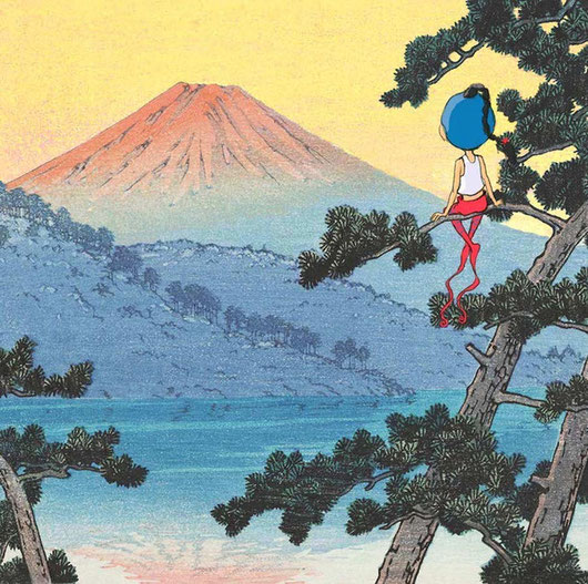 Timeliot est assis sur une branche de dos et regarde le soleil se lever sur le Mont Fuji