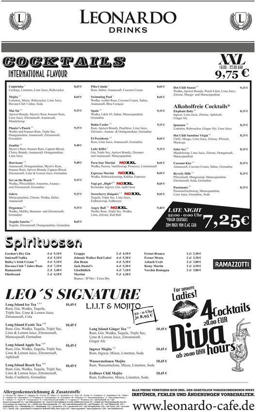 Cafe Leonardo© - Cocktails, Jumbo XXL Cocktails, die Leo´s Signature und mehr...