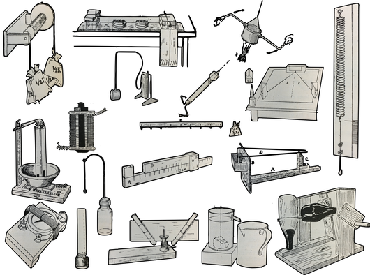 Instrumentos construidos por los estudiantes de Modesto Bargalló en la escuela normal alcarreña. Su construcción fue detallada por el mismo Bargalló en «El gabinete de física» (1924). ¿Serías capaz de adivinar para qué sirve cada artefacto?