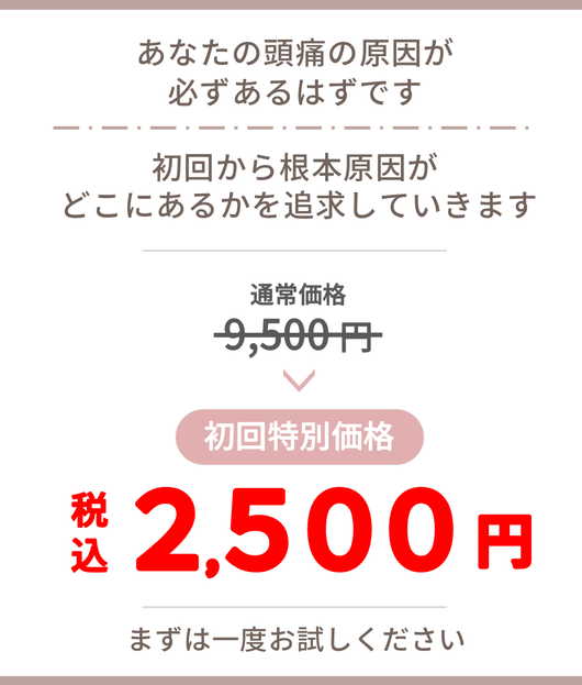 初回から根本原因が、どこにあるかを追求していきます。通常料金9500円（税込）のところ、初回特別価格2500円（税込）になります。まずは一度お試しください。