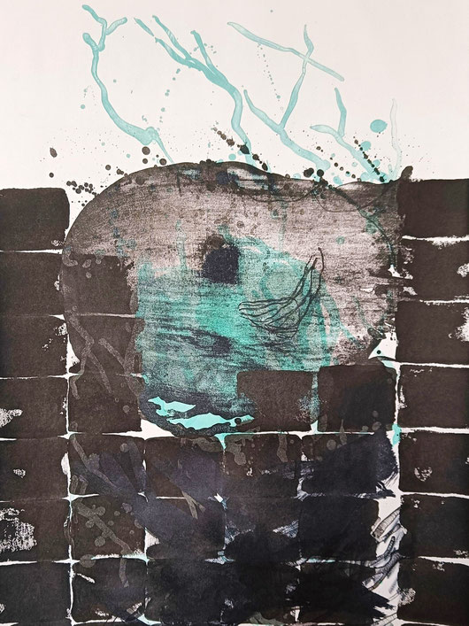 HEAD LYING IN THE WALL. 2022, lithography & material print, detail