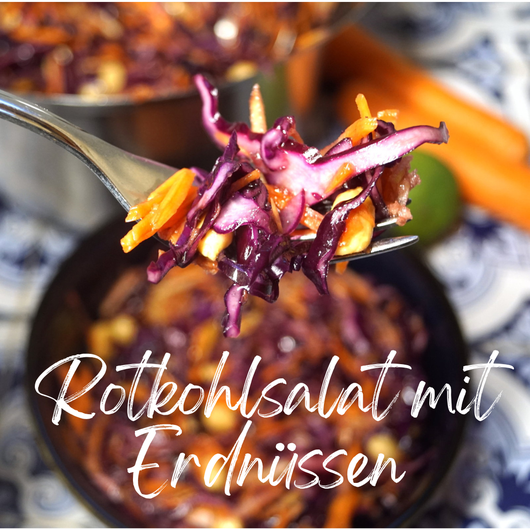 Rohkostsalat mit Rotkohl, Möhren, Apfel und Erdnüssen