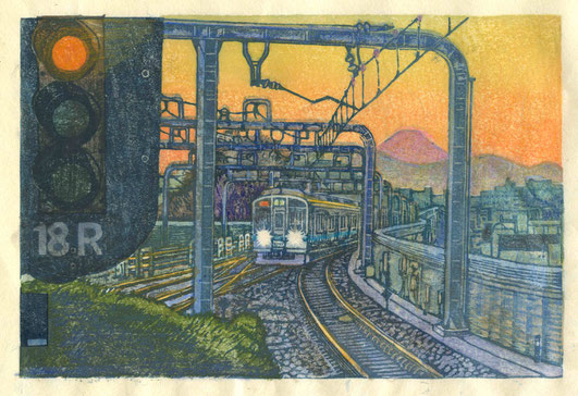 「経堂駅ー夕刻」 2018年 水性木版 14x21cm