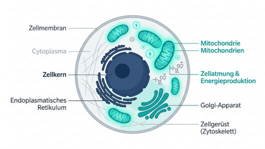 Schematische Darstellung von Mitochondrien in der Zelle zur Veranschaulichung der ATP-Energieproduktion für Geist und Körper.