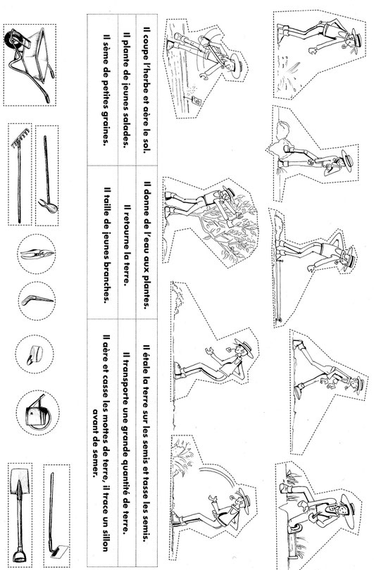 Fiche à imprimer avec réutilisation du lexique des outils du jardinier dans des phrases et images associées