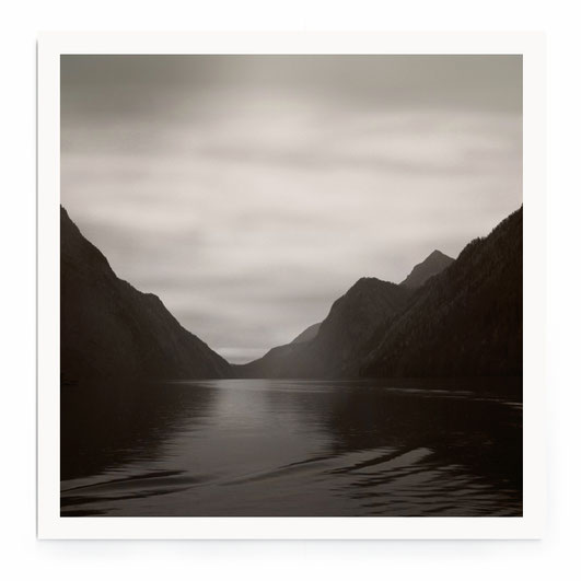 "Deep Fog On Lake" Art Print. Minimalistische Winterlandschaft am See mit einem Baum in schwarz-weiß.