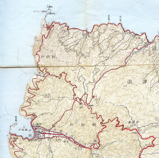 真城峠を中心とした伊豆半島西北部の国土地理院5万分の1地図（赤線は自転車で走った道路）